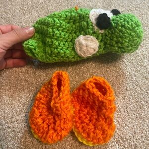 Handmade Yoshi hat and booties.